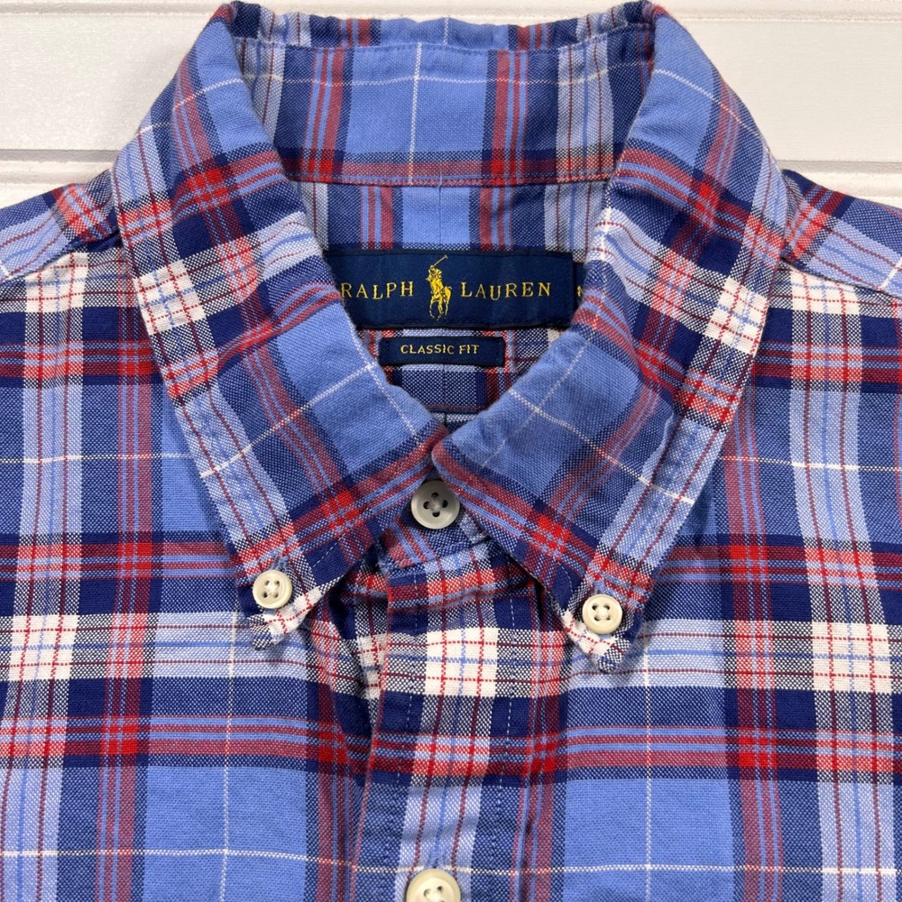 Polo Ralph Lauren Plaid Classic Fit Button Down Shirt Mens M Blue Short Sleeve